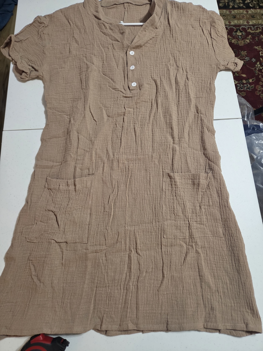 Short-Sleeve Button Shirt Dress in Taupe